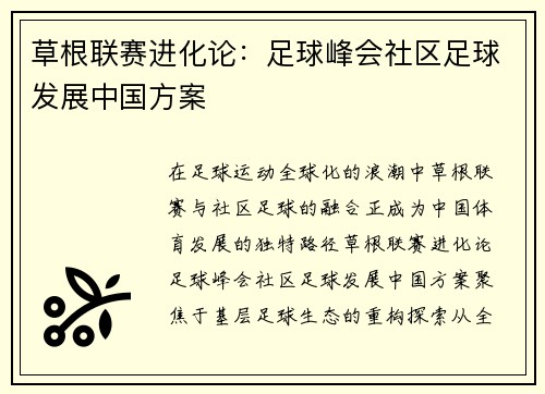 草根联赛进化论：足球峰会社区足球发展中国方案