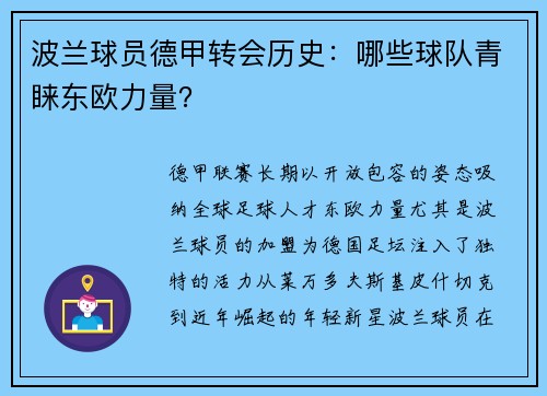 波兰球员德甲转会历史：哪些球队青睐东欧力量？